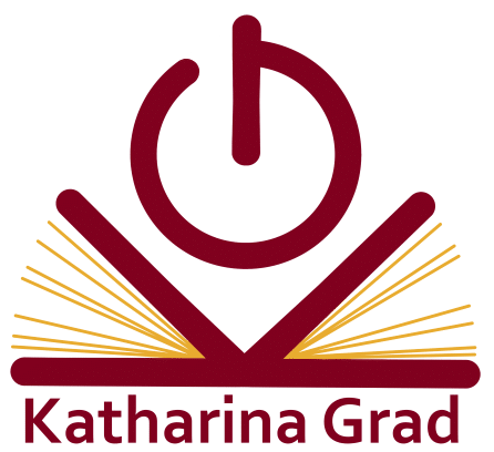 Logo: Onlinekurs-Manufaktur Katharina-Grad Offenes Buch mit Power-Button darüber